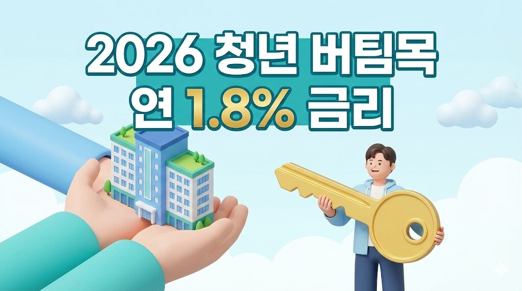 청년 버팀목 전세자금대출 지원을 상징하는 건물과 열쇠 이미지